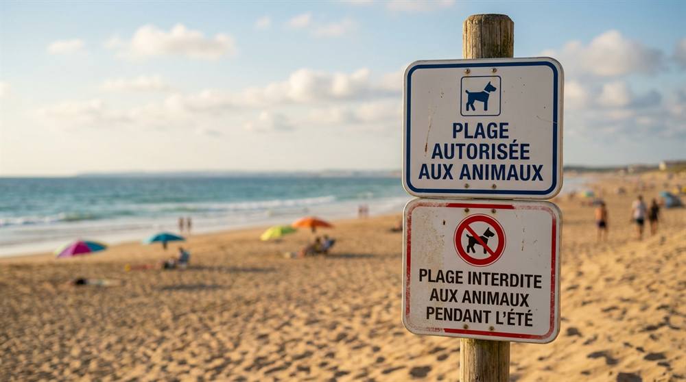 Französische Strand-Schilder: Plage autorisée aux animaux und Plage interdite aux animaux pendant l'été an einem Holzpfahl am Atlantikstrand